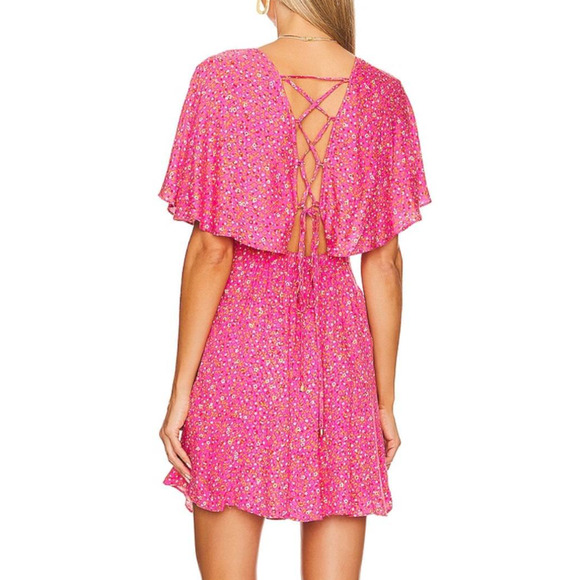 NEW FREE PEOPLE PINK FEMME COMBO FLORENCE SMOCKED LACE UP BACK MINI DRESS SZ S - Picture 4 of 7